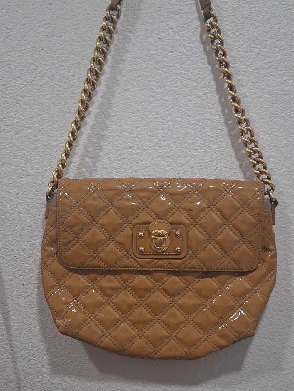 Quilted Patent Tan Shoulder Bag with Gold Chain